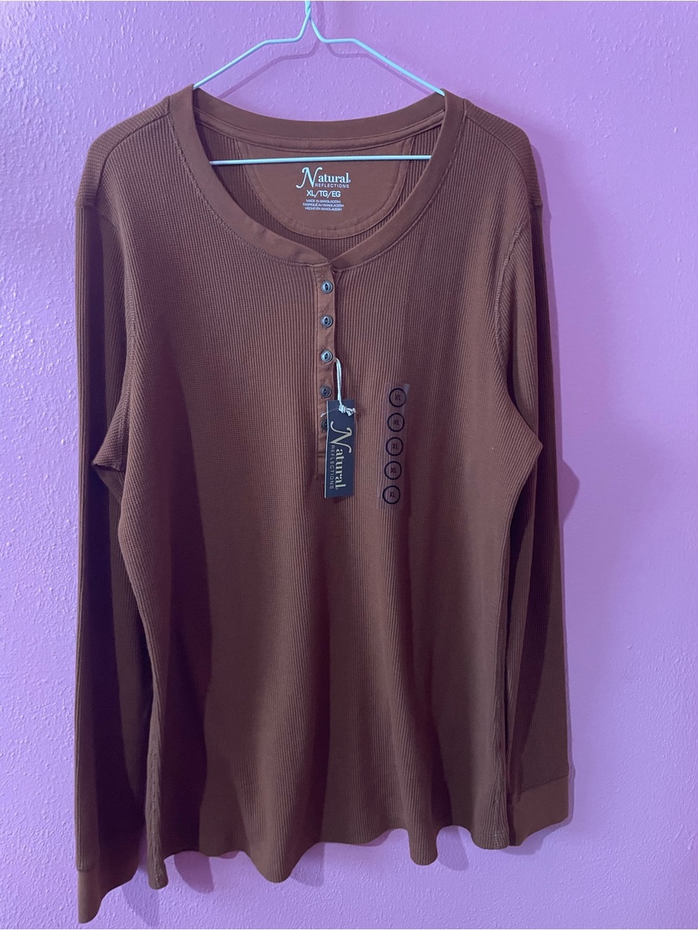 Natural Reflections Brown Ribbed Henley Long Sleeve Top